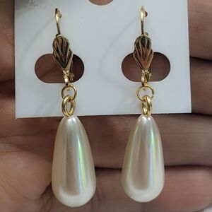 Earrings 18K Gold Filled Water Drop Imitation Pearl Earrings 1.77 inches.